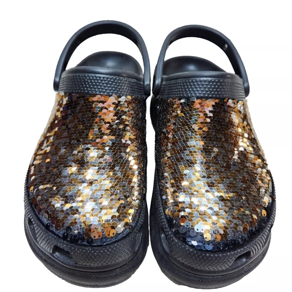 CROCS Classic Bae Silver Gold Sequin Platform Clog Sz 9 Black Multi - Picture 5 of 14